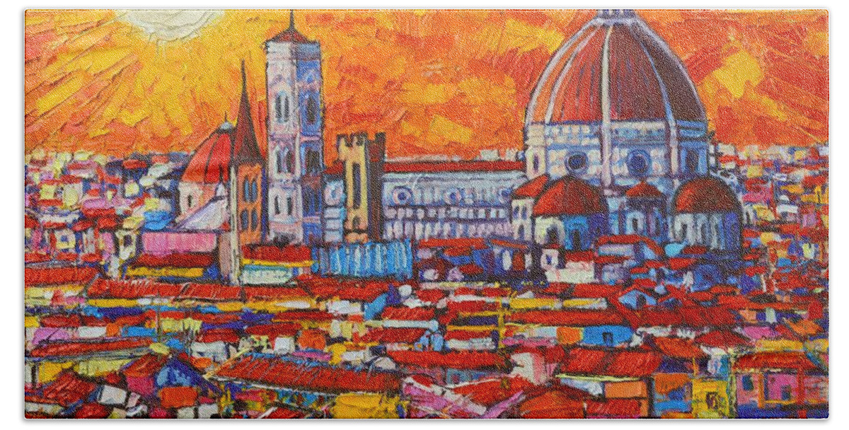 Italy Bath Towel featuring the painting Abstract Sunset Over Duomo In Florence Italy by Ana Maria Edulescu