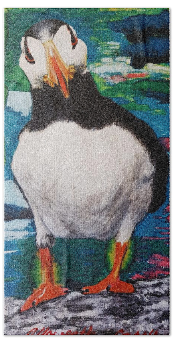 Birds Hand Towel featuring the painting Ace  Puffin Huff by Cassy Allsworth
