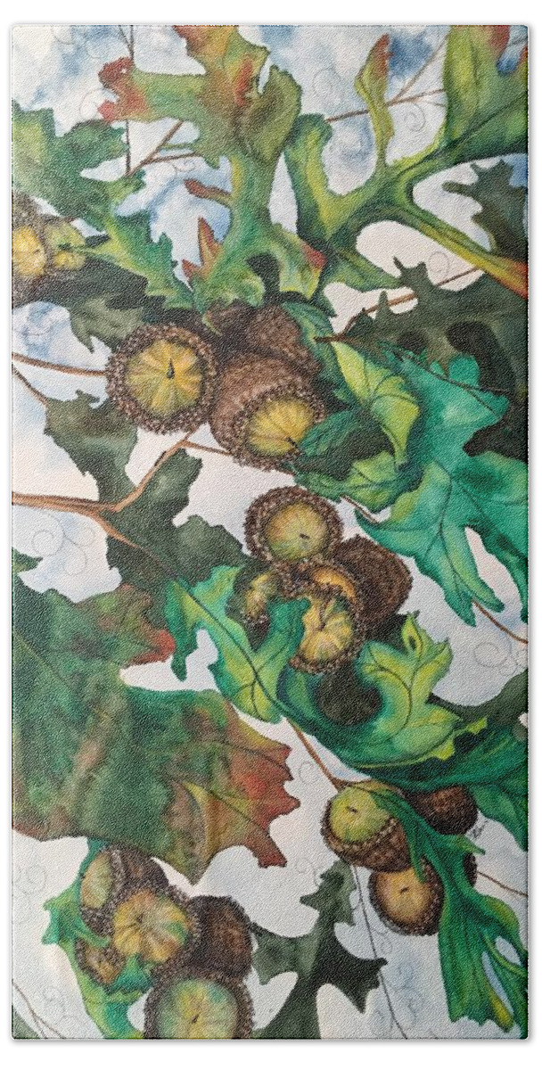 Watercolor Hand Towel featuring the mixed media Acorns on an Oak by Mastiff Studios