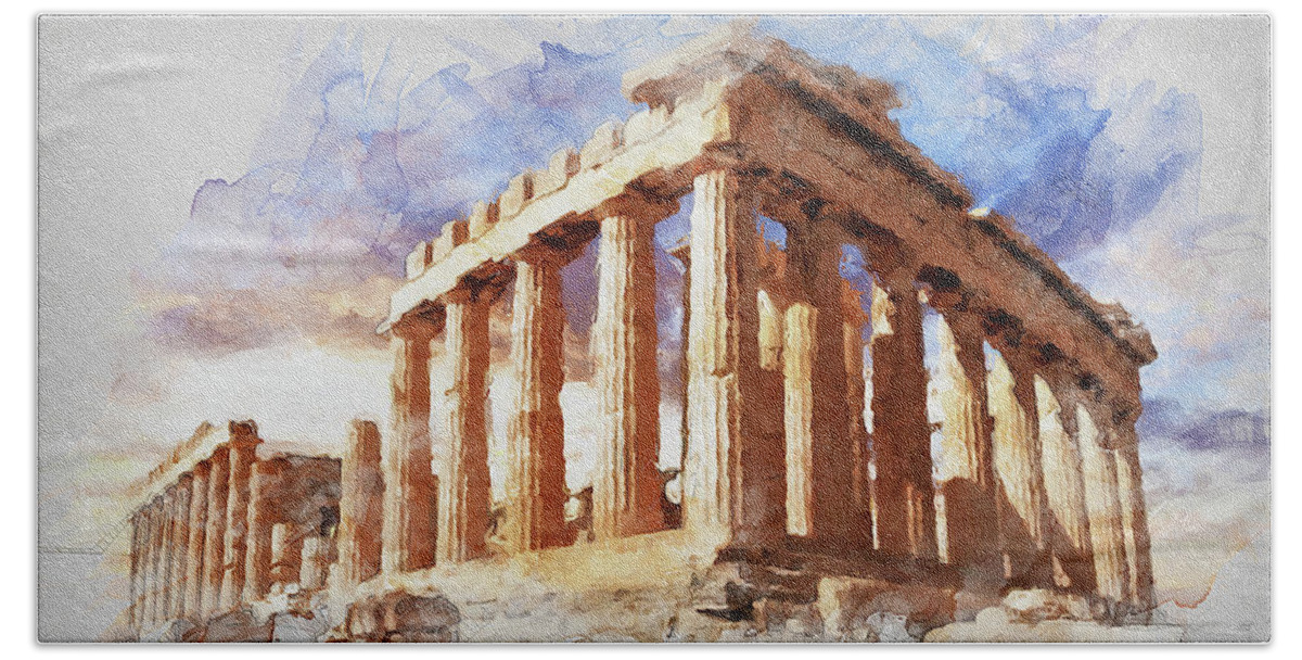 Acropolis Of Athens Hand Towel featuring the painting Acropolis of Athens - 04 by AM FineArtPrints