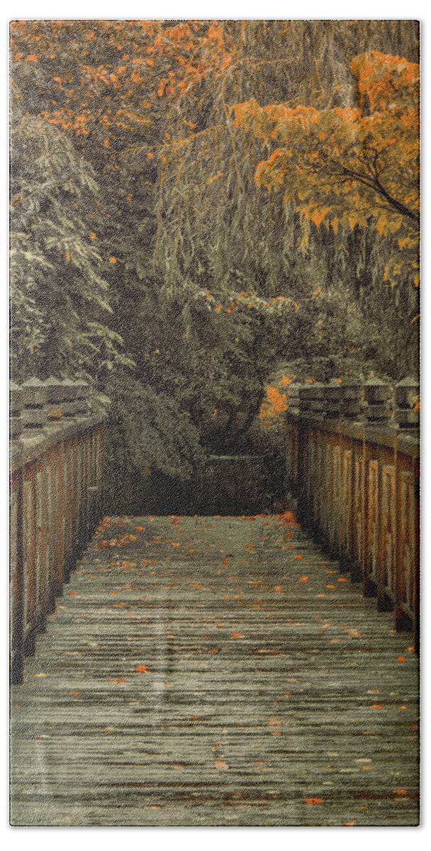Autumn Bath Towel featuring the photograph Across the Bridge by Don Schwartz