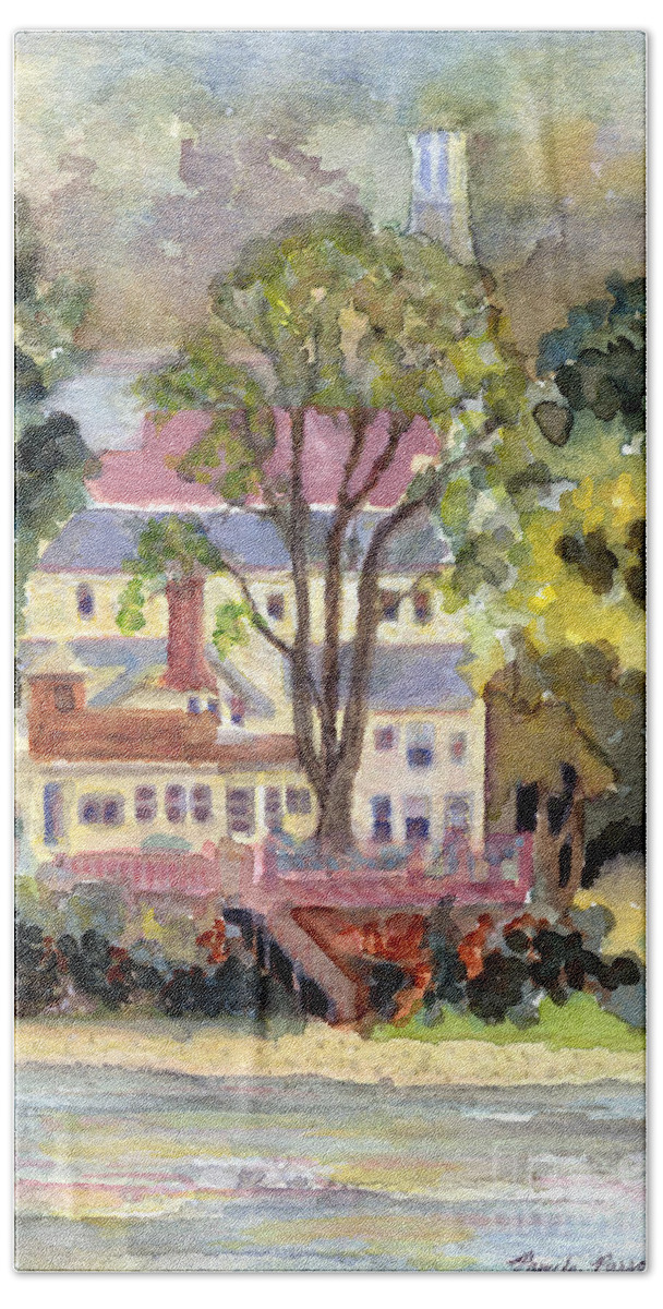 Lambertville Hand Towel featuring the painting Across the River in Lambertville, New Jersey by Pamela Parsons