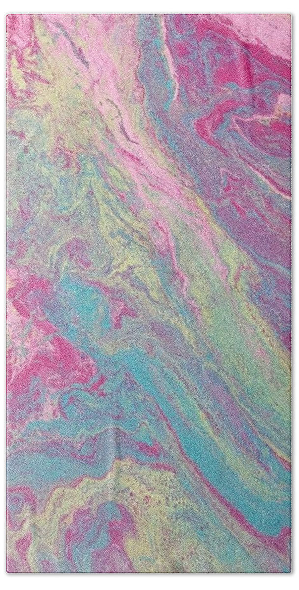 #acrylicditypour #abstractacrylics #abstractartwork #colorfulartwork #abstractartforsale #camvasartprints #originalartforsale #abstractartpaintings Hand Towel featuring the painting Acrylic Dirty Pour with pinks aquas and yellow by Cynthia Silverman