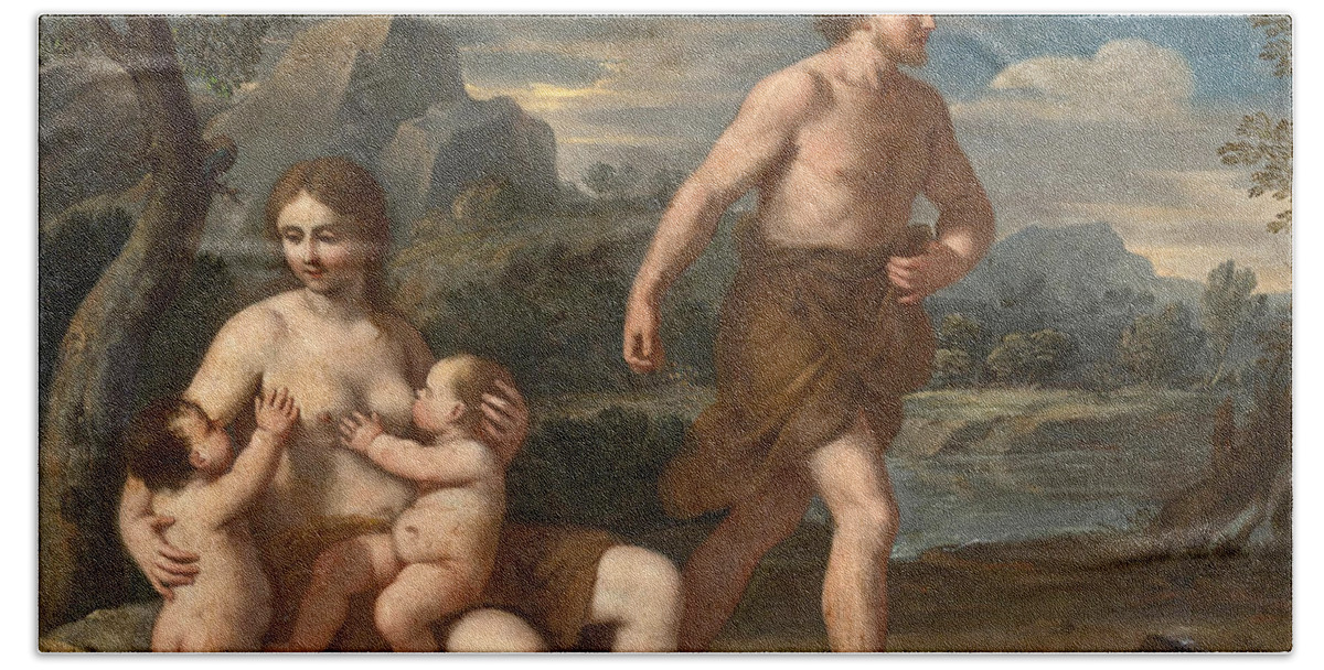 Giacinto Gimignani Bath Towel featuring the painting Adam and Eve with Cain and Abel by Giacinto Gimignani