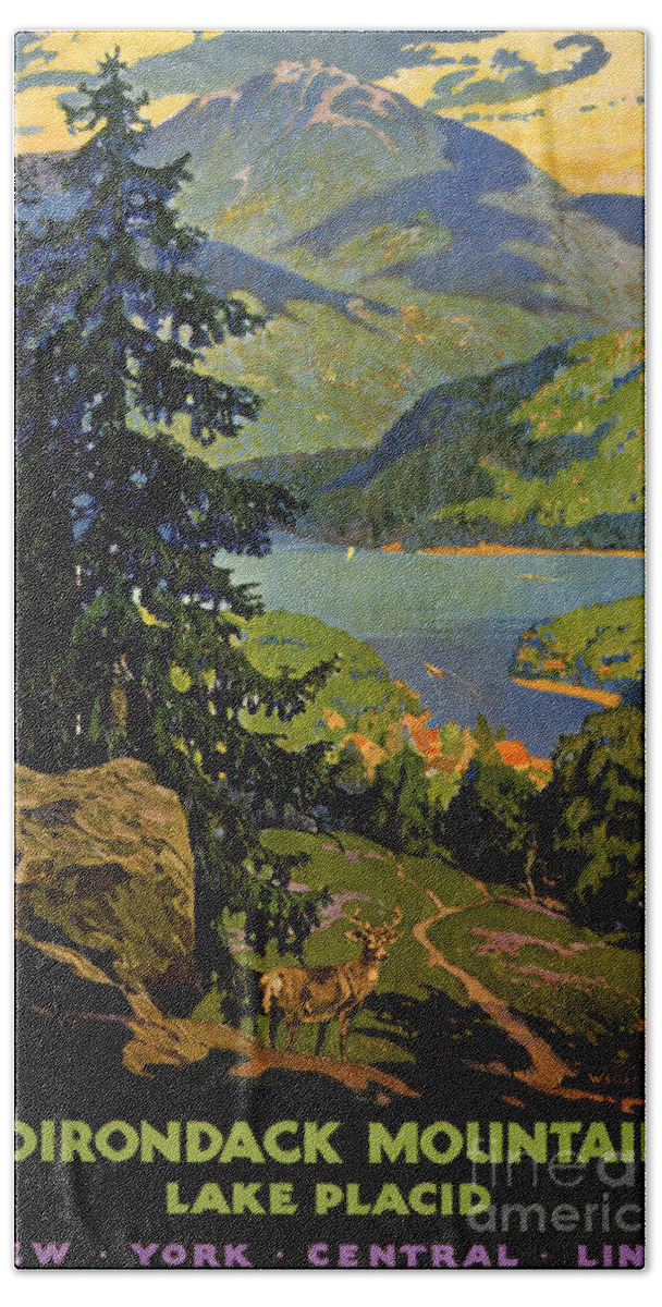 Lake Bath Towel featuring the painting Adirondack Mountains Lake Placid Vintage Poster Restored by Vintage Treasure