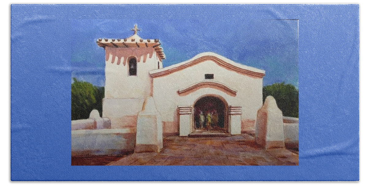 Argentina Bath Towel featuring the painting Adobe Church, Argentina by Ronald Shelley