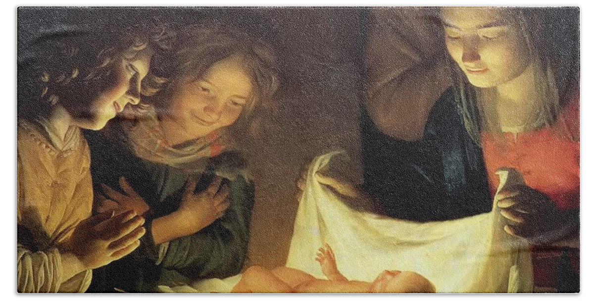 Nativity Bath Towel featuring the painting Adoration of the Child by Gerrit van Honthorst