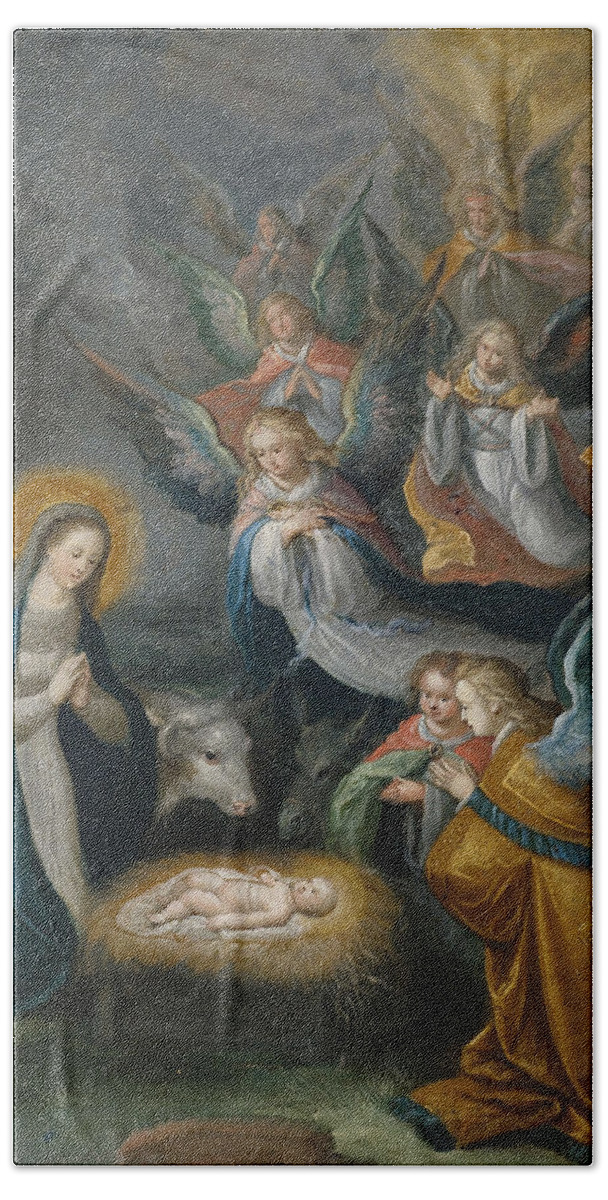Nativity Bath Towel featuring the painting Adoration of the Shepherds by Cornelis de Baellieur