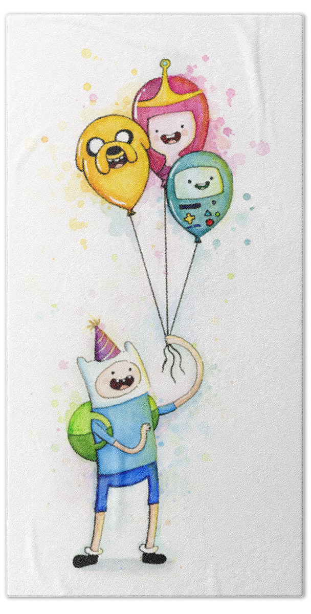 Jake Hand Towel featuring the painting Adventure Time Finn with Birthday Balloons Jake Princess Bubblegum BMO by Olga Shvartsur