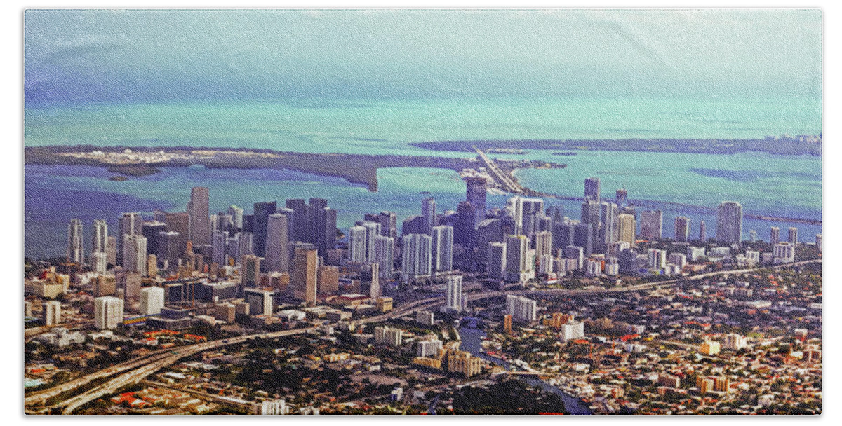 Miami Bath Towel featuring the photograph Aerial of the Miami Skyline Miami Florida FL by Toby McGuire