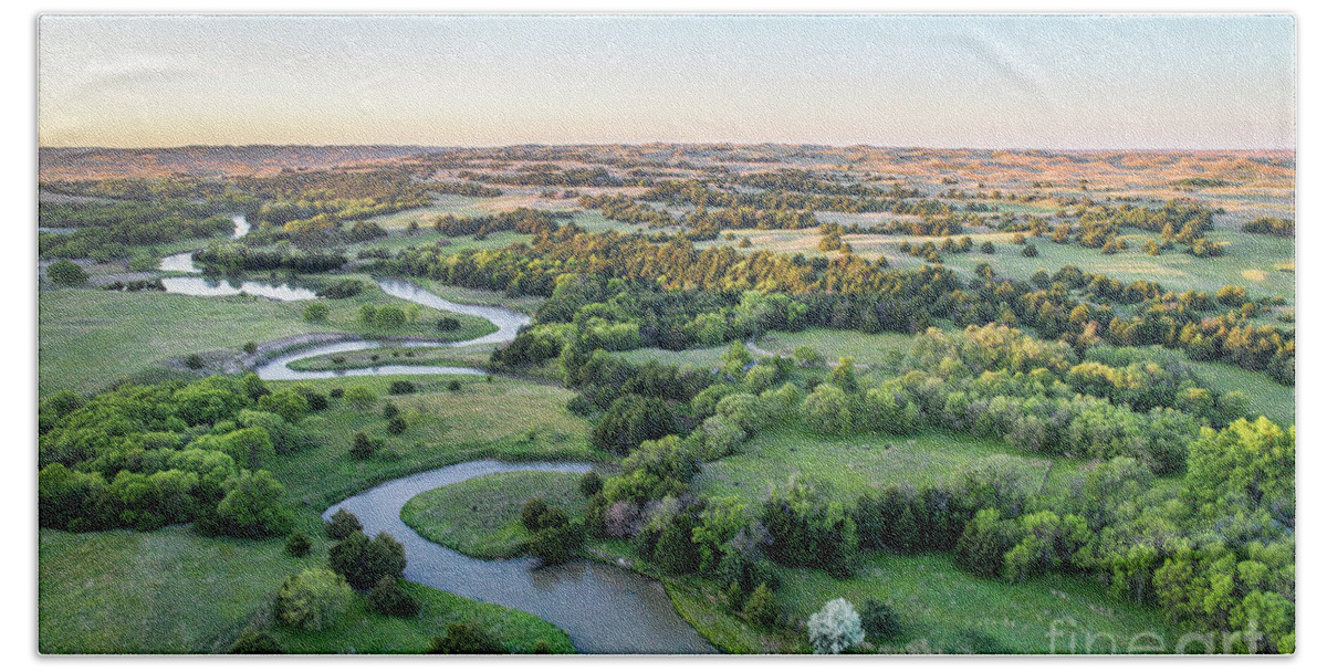 Dismal River Hand Towel featuring the photograph aerial view of Dismal River in Nebraska by Marek Uliasz