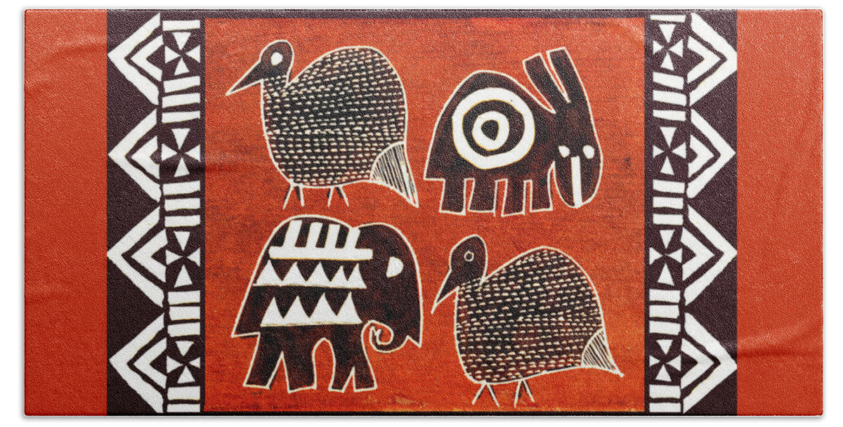 African Folk Art Party Animals Bath Towel by Vagabond Folk Art