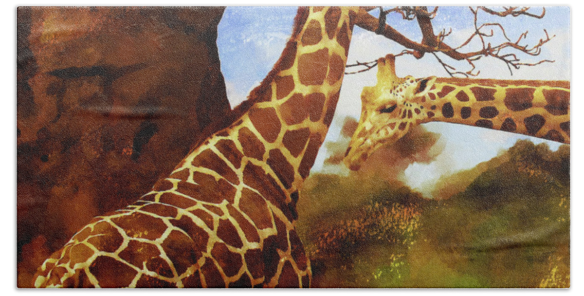 Giraffe Bath Towel featuring the painting African Giraffe 003 by Gull G