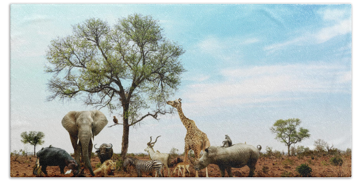 African Safari Animals Meeting Together Around Tree Bath Towel by Good  Focused - Good Focused - Artist Website