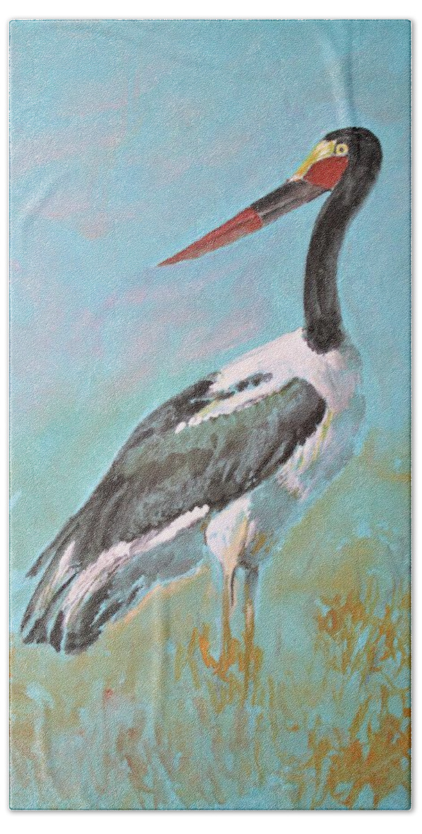 Bird Bath Towel featuring the painting African stork by Khalid Saeed