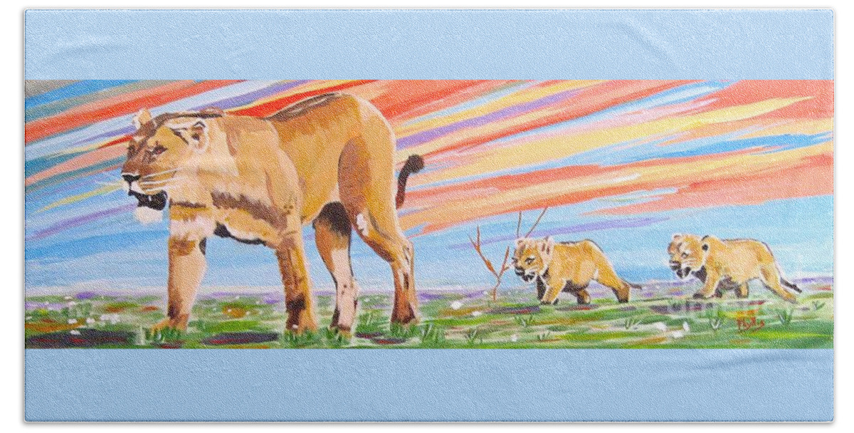 Lion And Cubs Bath Towel featuring the painting African Lion and Cubs by Phyllis Kaltenbach