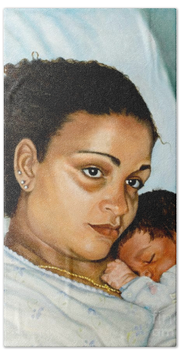 Portrait Bath Towel featuring the painting After Birth Jacina and Javon by Marlene Book