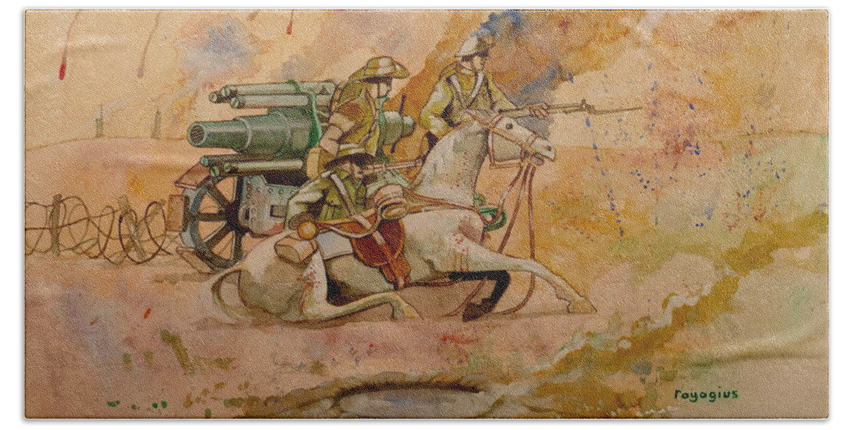 Watercolour Hand Towel featuring the painting After the charge by Ray Agius