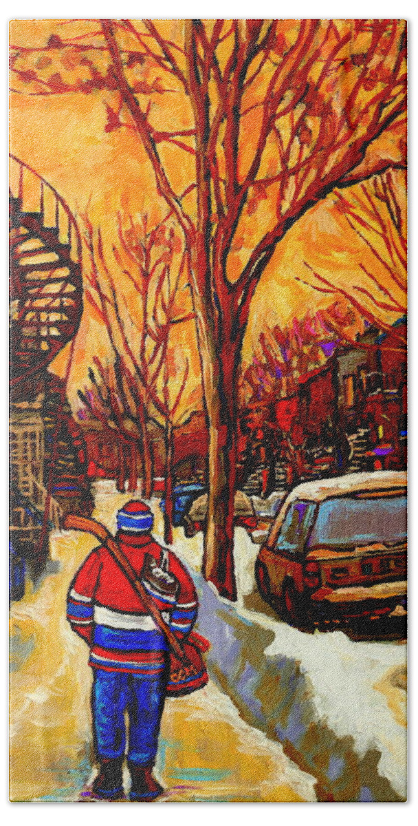 Montreal Bath Towel featuring the painting After The Hockey Game A Winter Walk At Sundown Montreal City Scene Painting By Carole Spandau by Carole Spandau