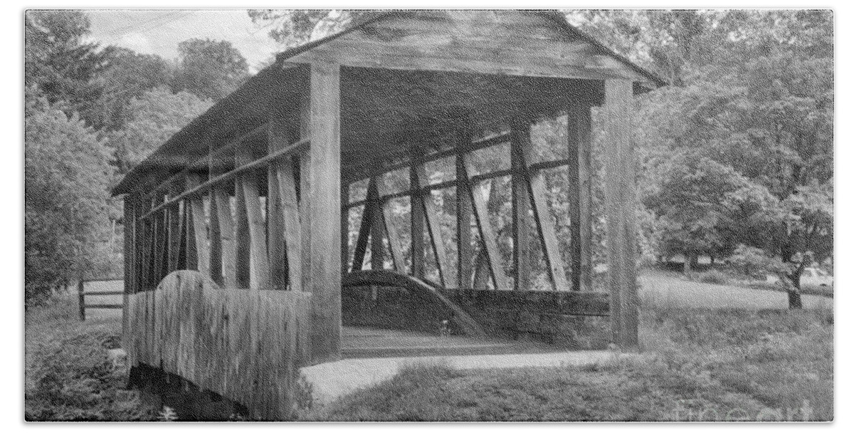 Cuppetts Covered Bridge Bath Towel featuring the photograph After The Rain At Cuppett's Covered Bridge Black And White by Adam Jewell