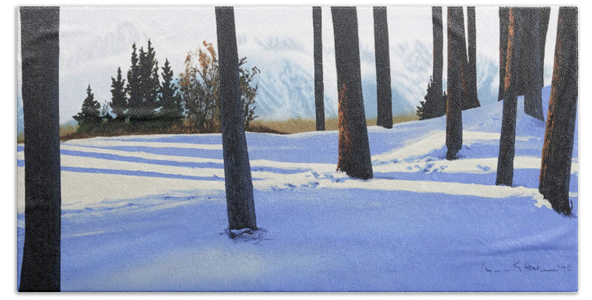 Winter Bath Towel featuring the painting Afternoon in Snowy Mountains by Lynn Hansen