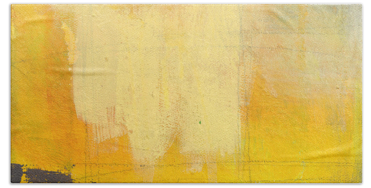 Abstract Painting Yellow Grey Gray Blue White abstract Painting Sun Afternoon Urban Loft urban Loft Lines Warm abstract Art By Linda Woods Square coffee House Style Hotel Office Lobby Healthcare Bedroom Living Room Entrance Bath Towel featuring the painting Afternoon Sun -Large by Linda Woods