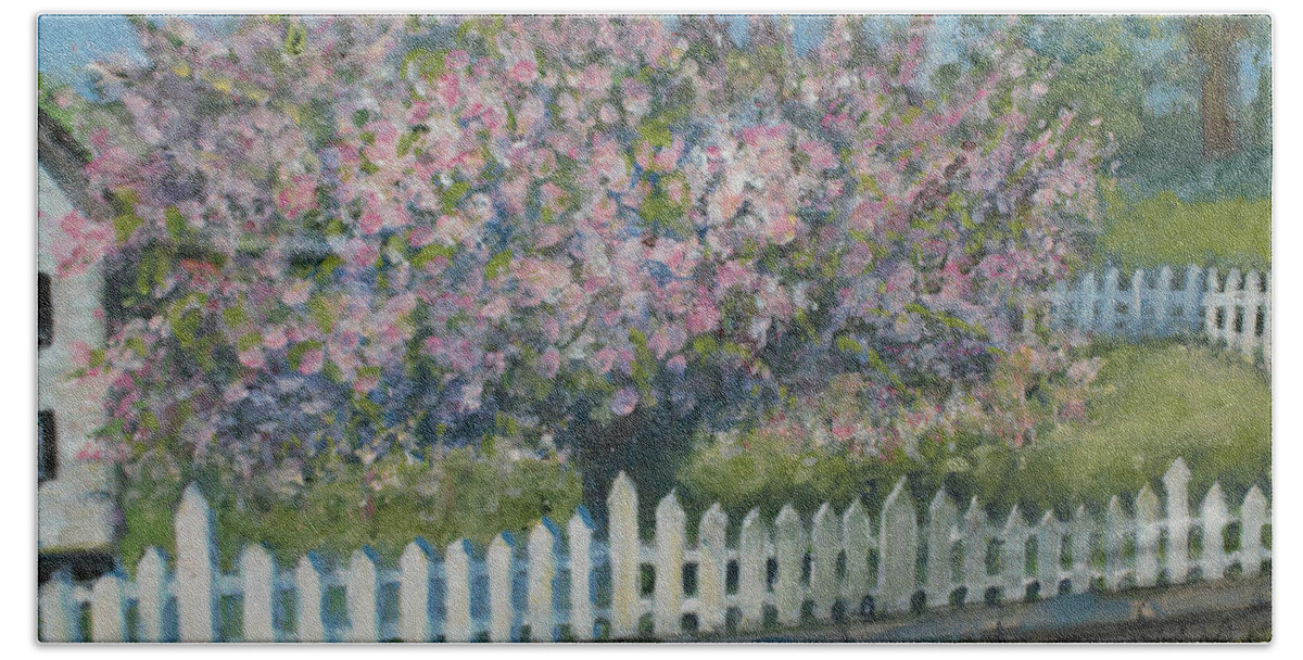 Waltham Hand Towel featuring the painting Afternoon Sun on Crabapple Tree by Rita Brown