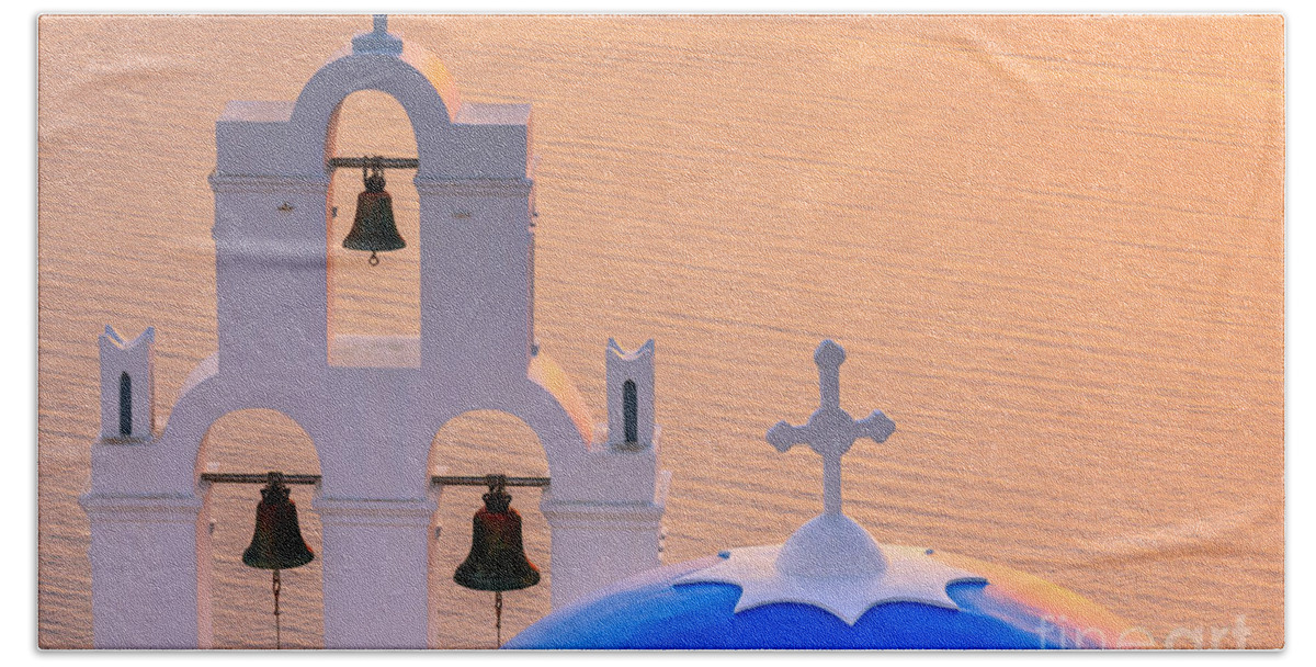 Aegean Bath Towel featuring the photograph Aghioi Theodoroi church at Firostefani, Santorini by Henk Meijer Photography