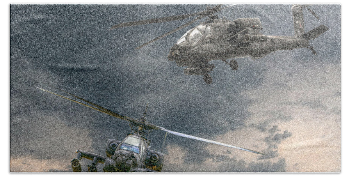 Apache Bath Towel featuring the digital art Ah-64 Apache Attack Helicopter in Flight by Randy Steele