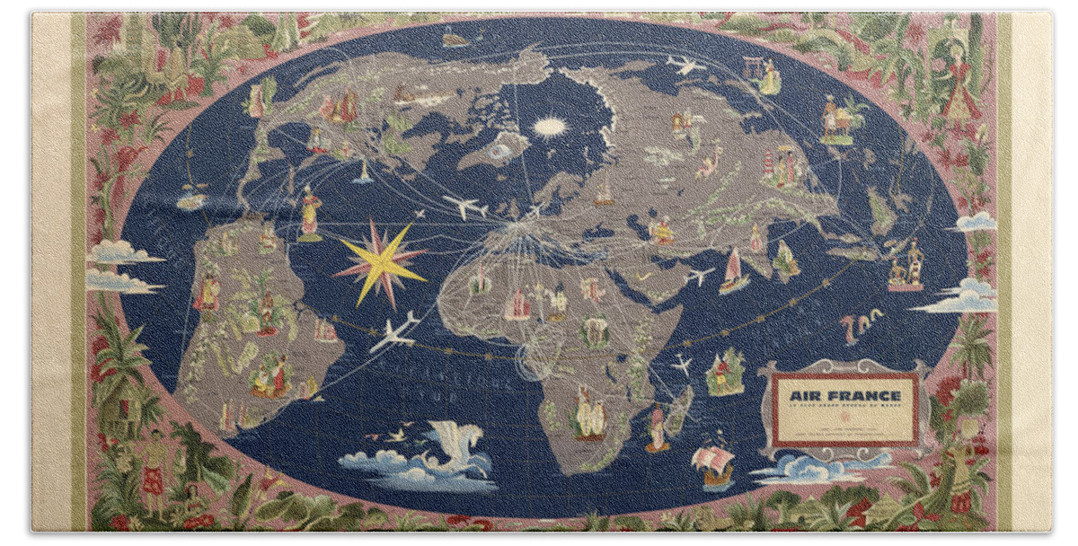 Air France Bath Towel featuring the mixed media Air France - Illustrated map of the Air routes by Lucien Boucher - Historical Map of the World by Studio Grafiikka