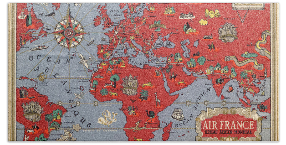 Air France Hand Towel featuring the mixed media Air France - Vintage Illustrated Map of the World by Lucien Boucher - Cartography by Studio Grafiikka