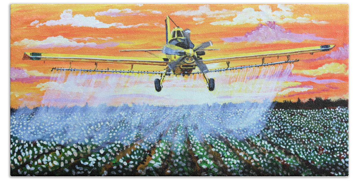 Air Tractor Bath Towel featuring the painting Air Tractor at Sunset Over Cotton by Karl Wagner