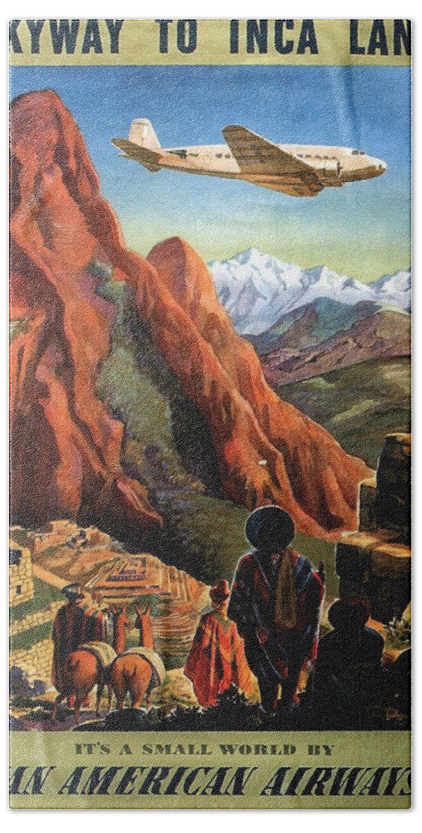 Airplane Flying Over The Mountains Bath Towel featuring the painting Airplane flying ove the mountains in South America - Incas - Vintage Illustrated Poster by Studio Grafiikka