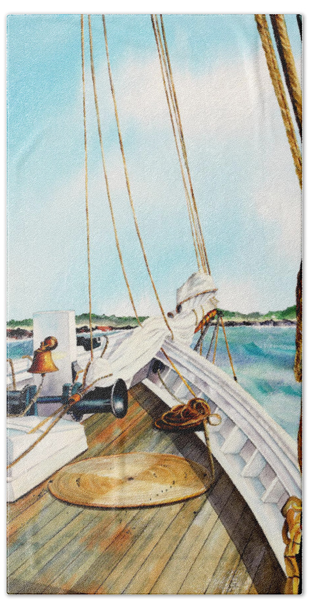 Nj Tall Ship Hand Towel featuring the painting A.J. Meerwald-Coming Home by Phyllis London