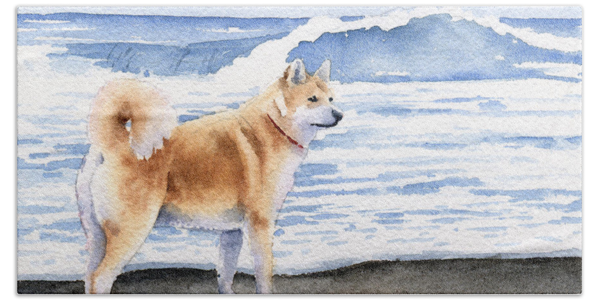 Akita Hand Towel featuring the painting Akita At The Beach by David Rogers