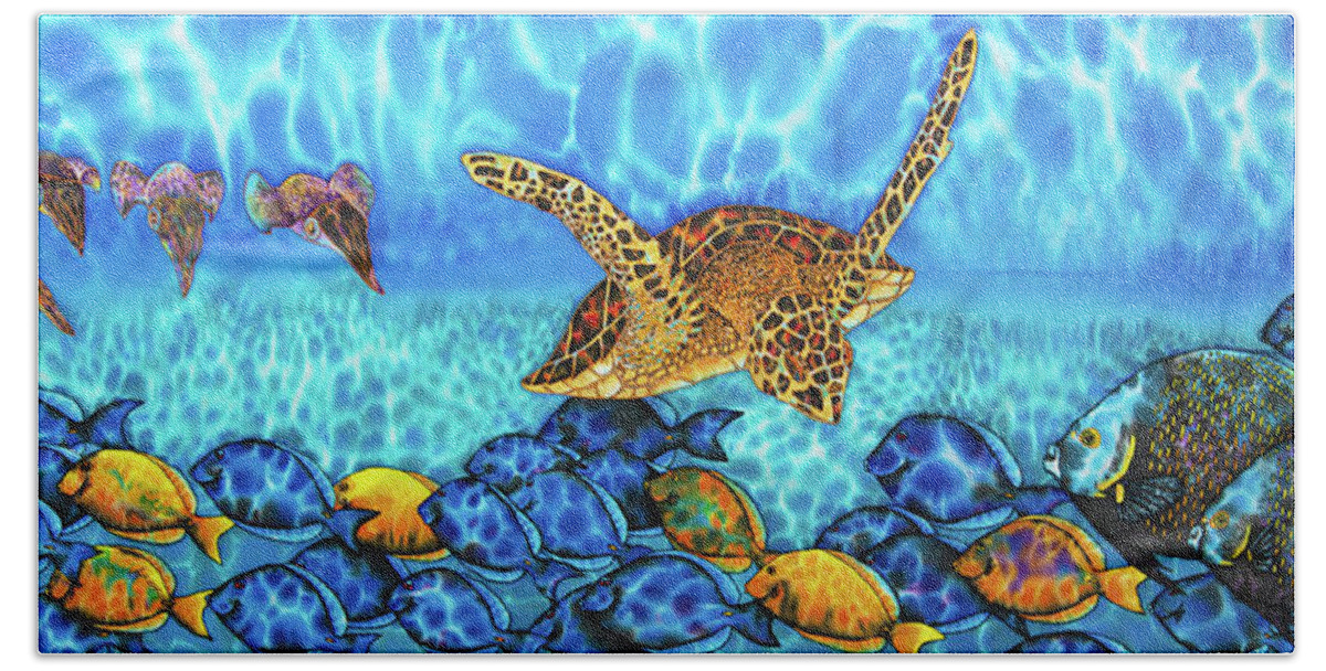 Sea Turtle Hand Towel featuring the painting Akumal by Daniel Jean-Baptiste