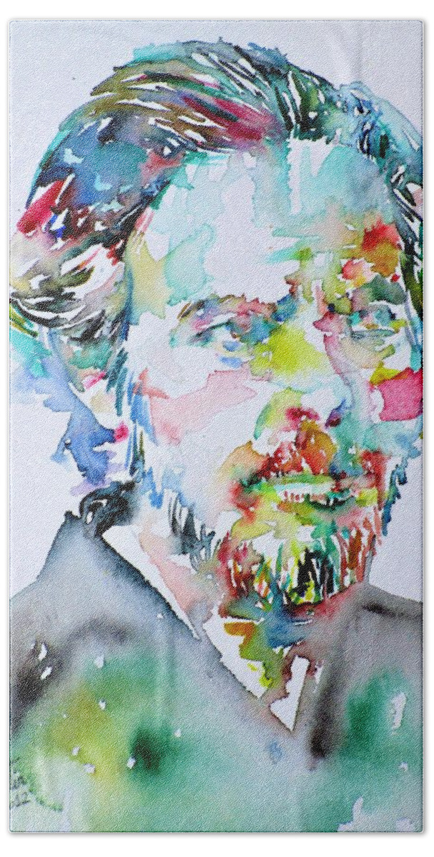 Alan Hand Towel featuring the painting ALAN WATTS watercolor portrait by Fabrizio Cassetta