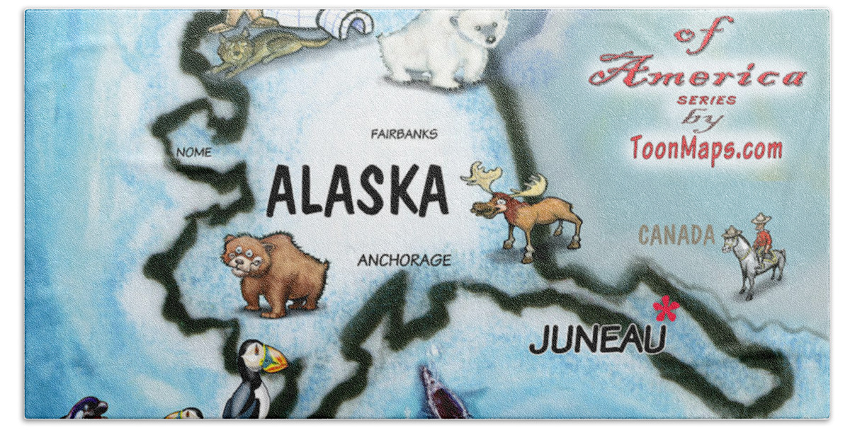 Alaska Bath Towel featuring the digital art Alaska Fun Map by Kevin Middleton