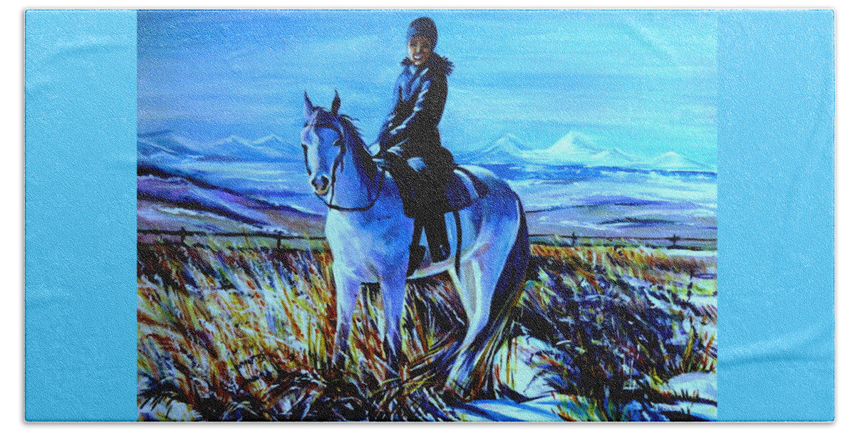 Western Art Hand Towel featuring the painting Alberta Winter by Anna Duyunova