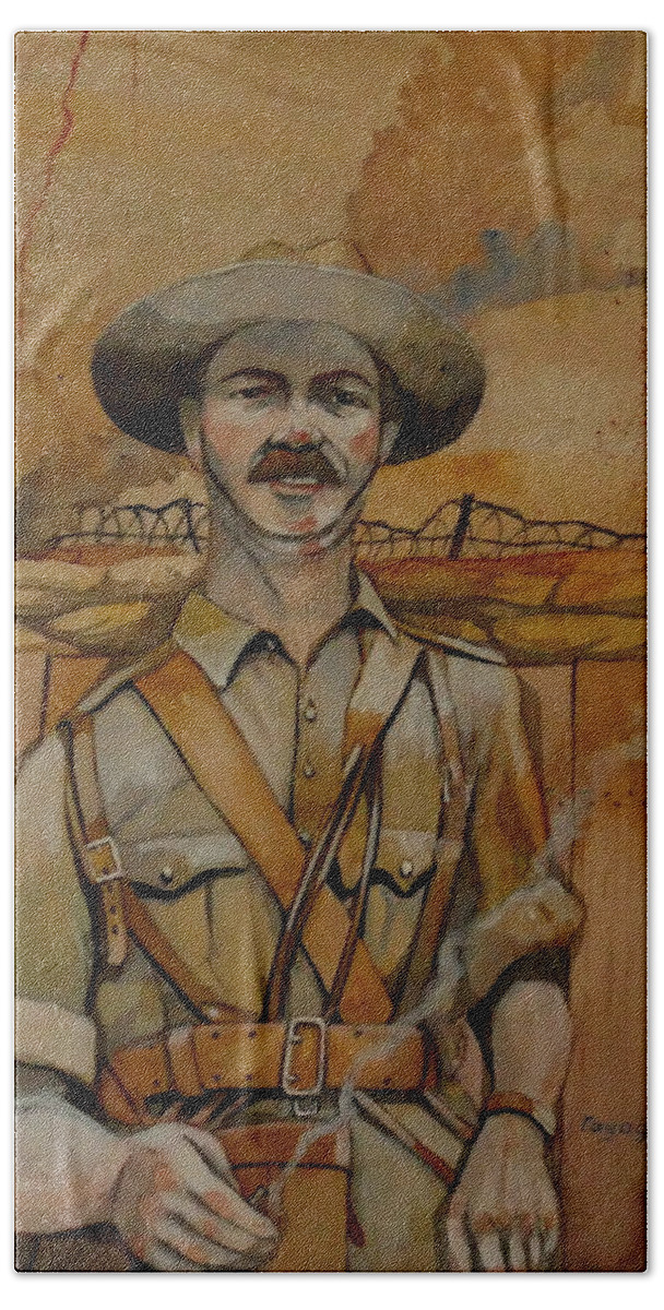Anzac Bath Towel featuring the painting Alfred Shout VC by Ray Agius