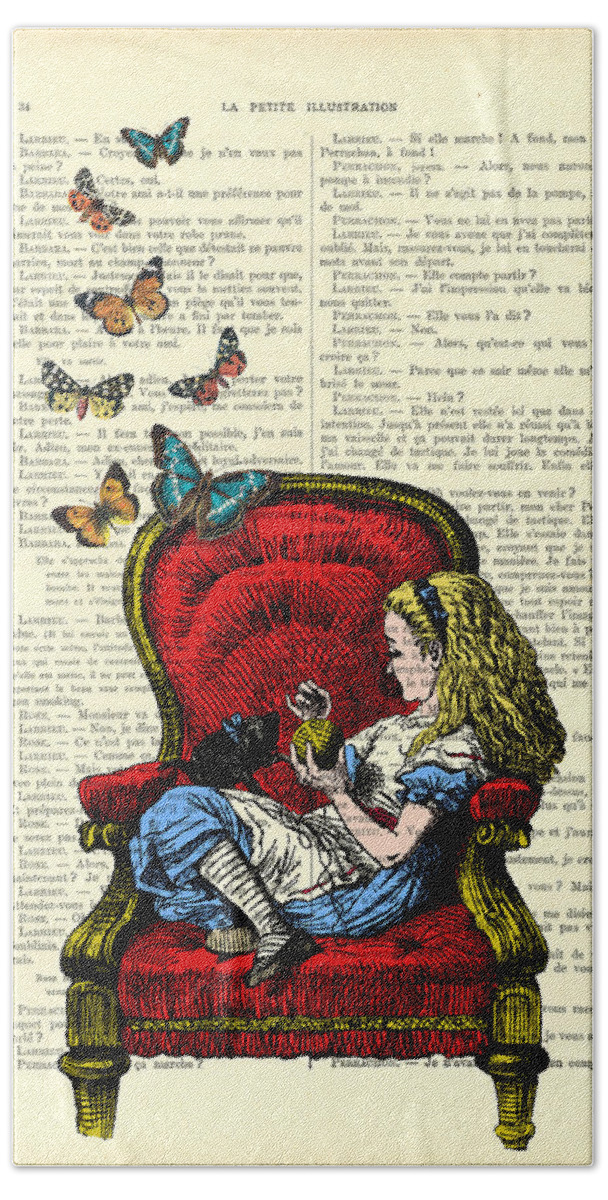 Alice Hand Towel featuring the digital art Alice in Wonderland playing with cute cat and butterflies by Madame Memento