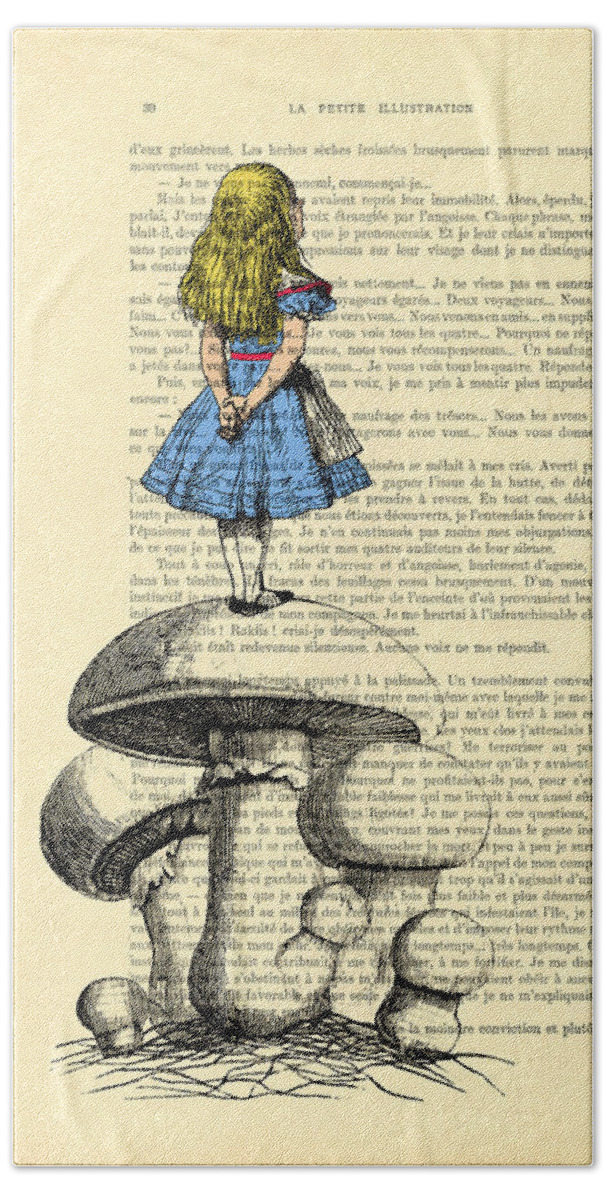 Alice Bath Sheet featuring the digital art Alice in wonderland standing on giant mushroom by Madame Memento