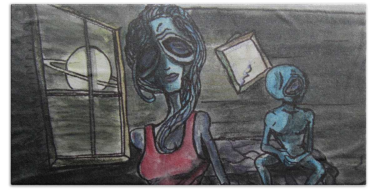 Heartache Hand Towel featuring the painting Alien Heartache by Similar Alien