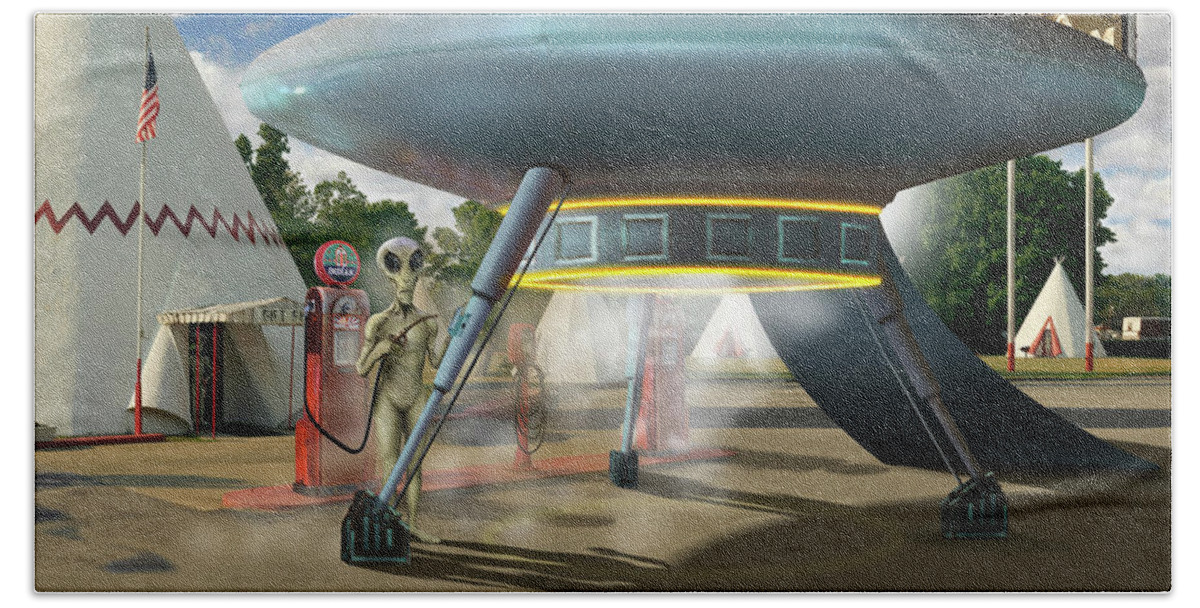 Surrealism Hand Towel featuring the photograph Alien Vacation - Gasoline Stop by Mike McGlothlen
