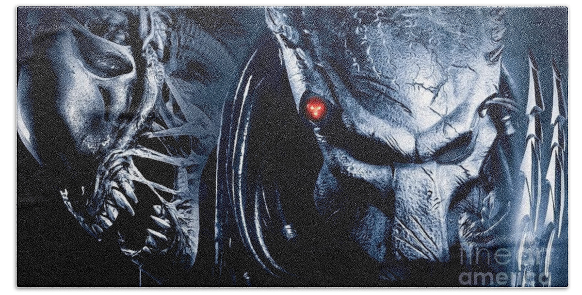 Alien Bath Towel featuring the painting Alien vs Predator by Jonas Luis
