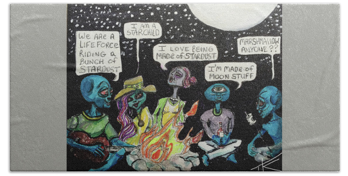 Campfire Bath Towel featuring the painting Aliens by the Campfire by Similar Alien
