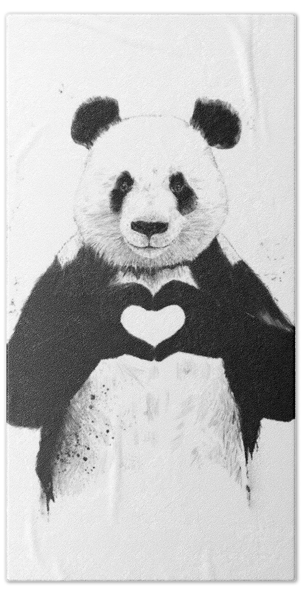 Panda Hand Towel featuring the painting All you need is love by Balazs Solti