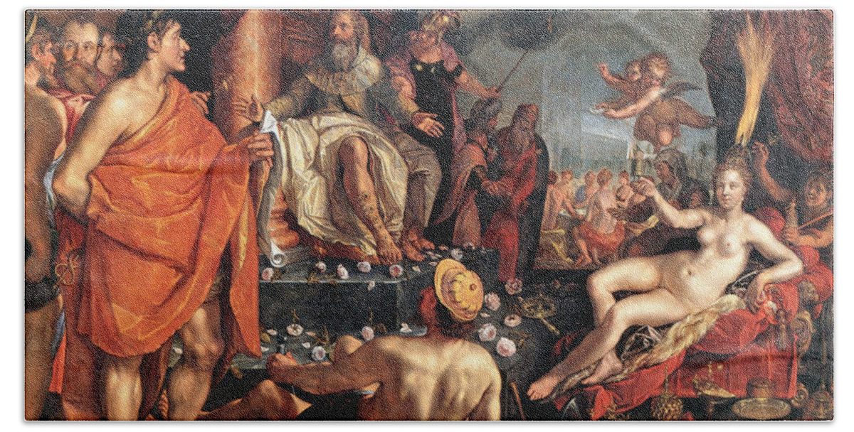 Hendrik Goltzius Bath Towel featuring the painting Allegory of the Arts by Hendrik Goltzius