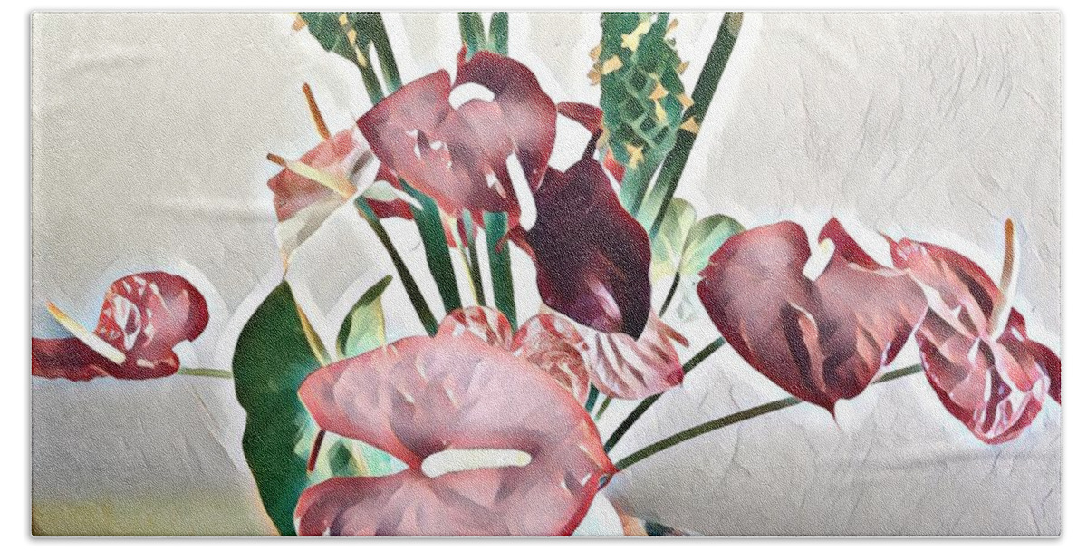 #alohabouquetoftheday #anthuriums #greenginger #flowersofaloha #flowers Hand Towel featuring the photograph Aloha Bouquet of the Day - Anthuriums and Green Ginger in Pale by Joalene Young