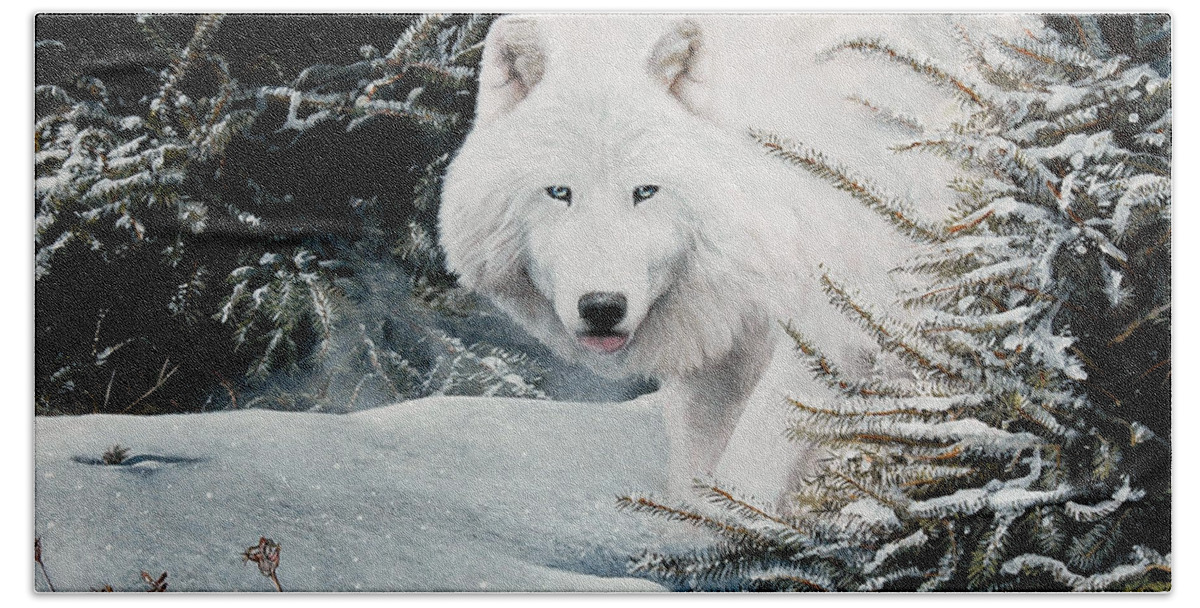Arctic Wolf Bath Towel featuring the painting Alone On The Path by David Vincenzi